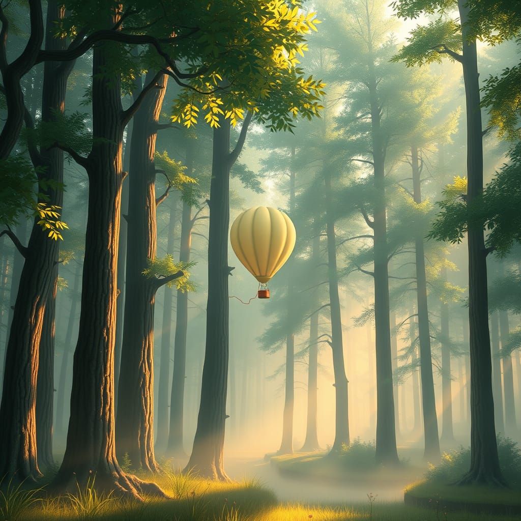 Lone Balloon in Misty Forest Sunlight