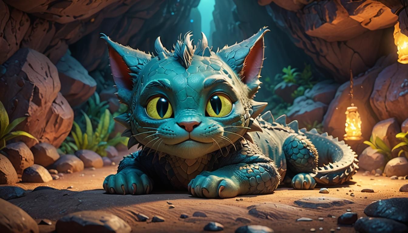 Dragon and Kitten Sleeping in Cave: 3D Digital Art