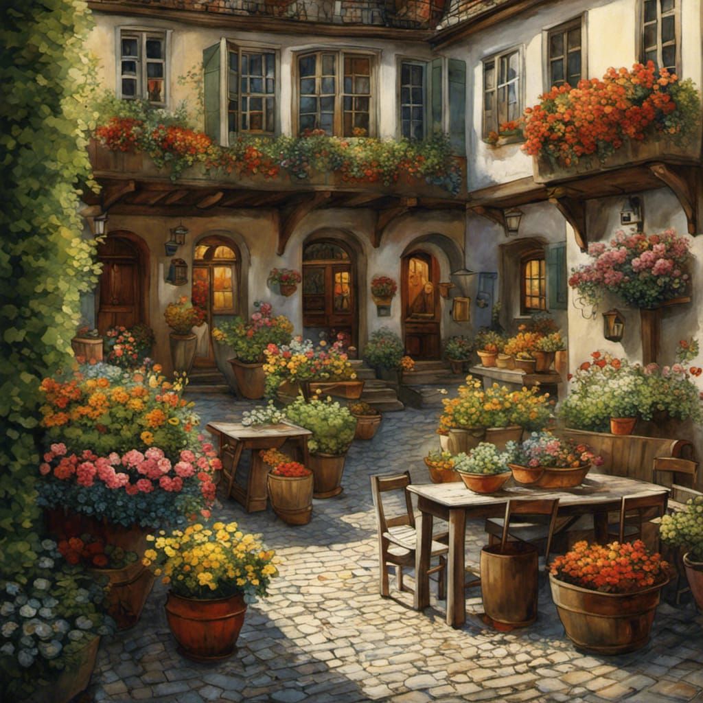 Charming German Courtyard Scene in Vintage Style