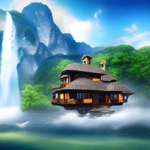 Floating House Waterfall Digital Matte Painting