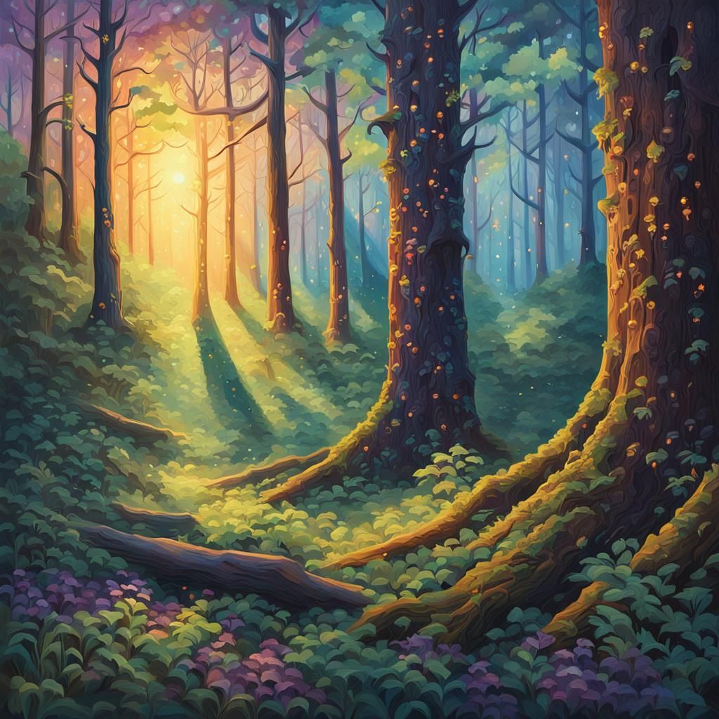 Lush Forest Landscape in Vibrant Oil Painting