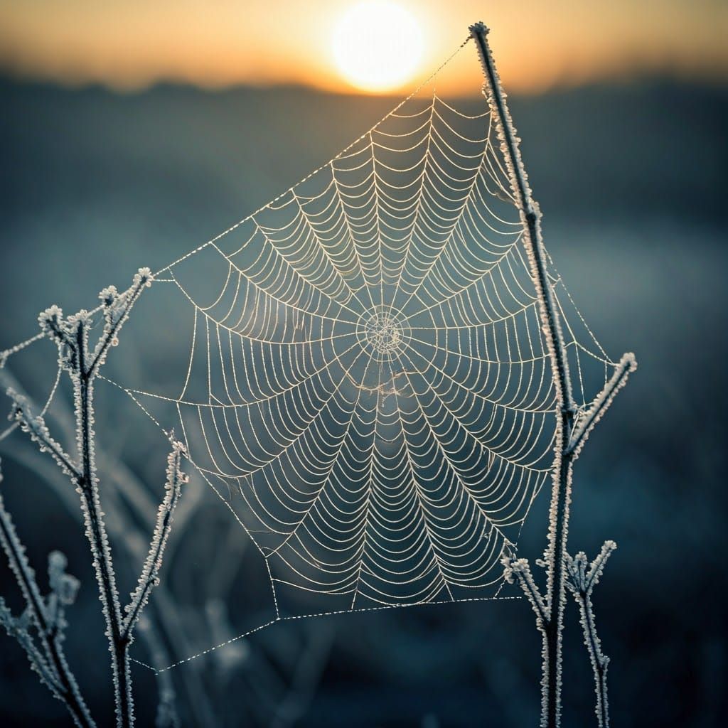 Icy Spiderweb Glistening at Dawn: Cinematic Film Still