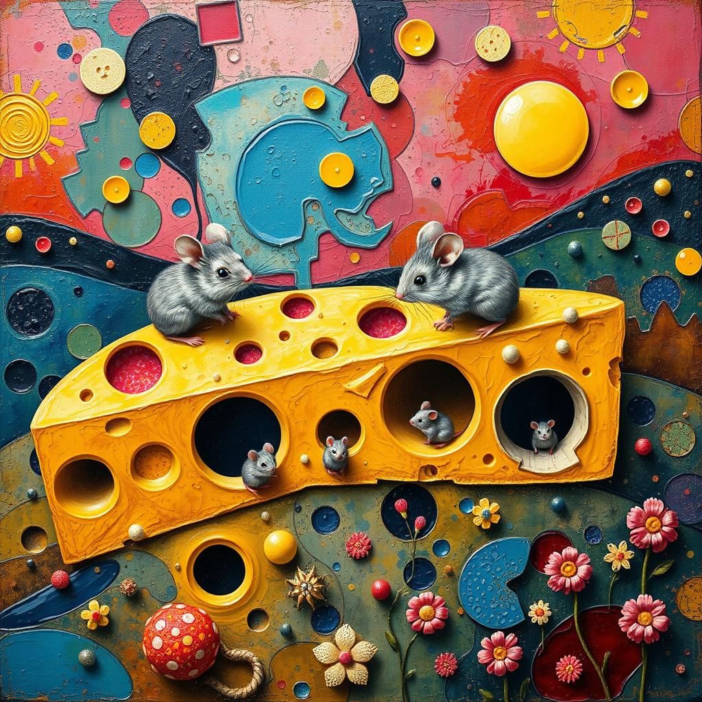 Whimsical Mice in Swiss Cheese Landscape