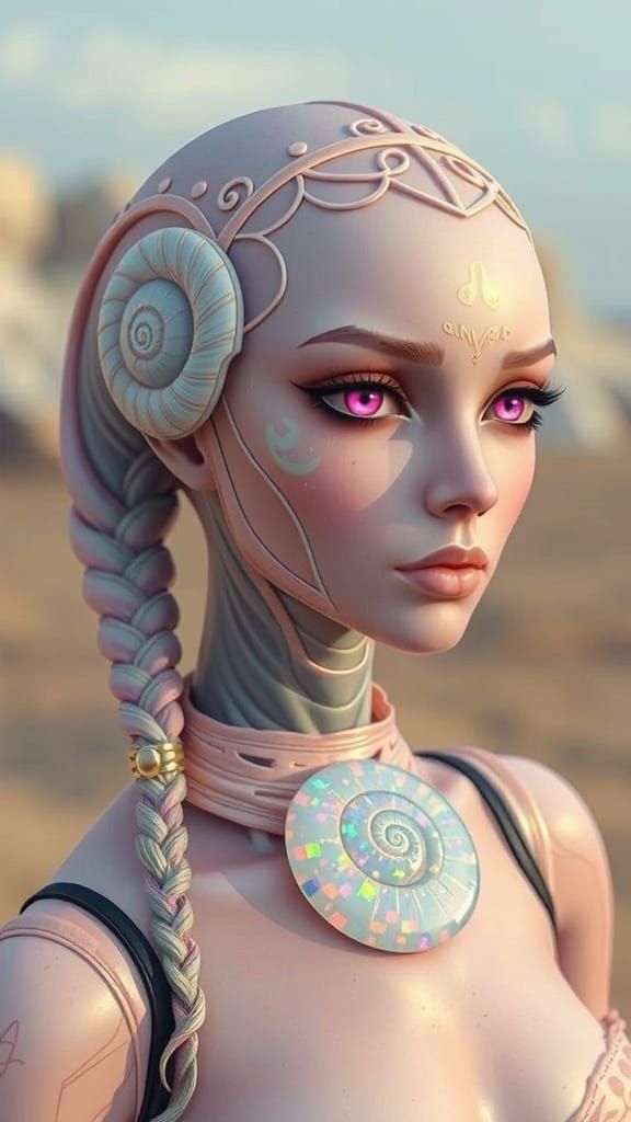 Opalescent Alien Woman with Snail Braids