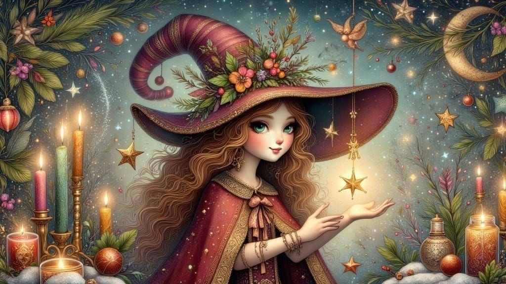 Whimsical Yuletide Witch in Festive Forest