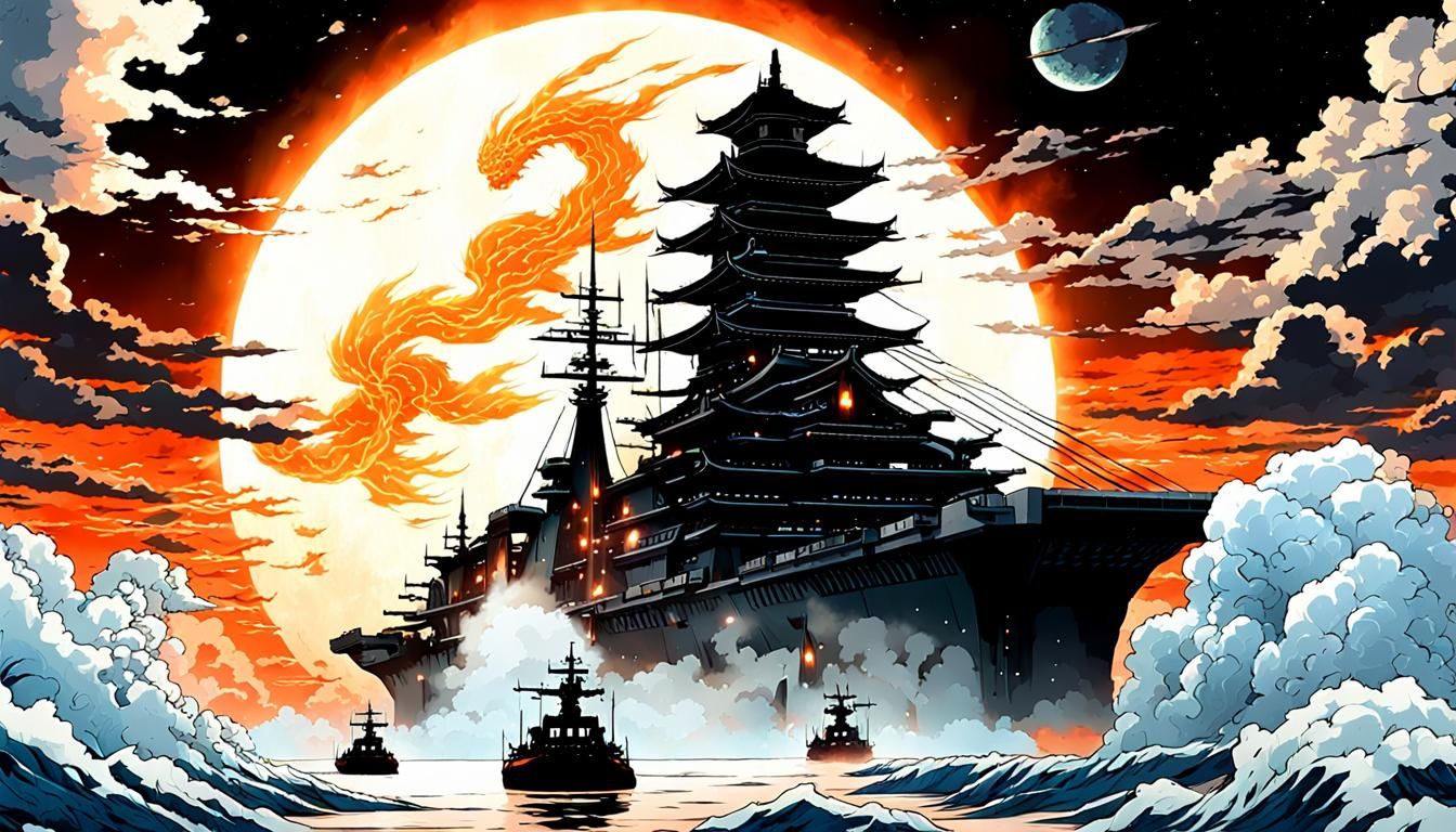 Epic Space Battle in Icy Ukiyo-e Realm