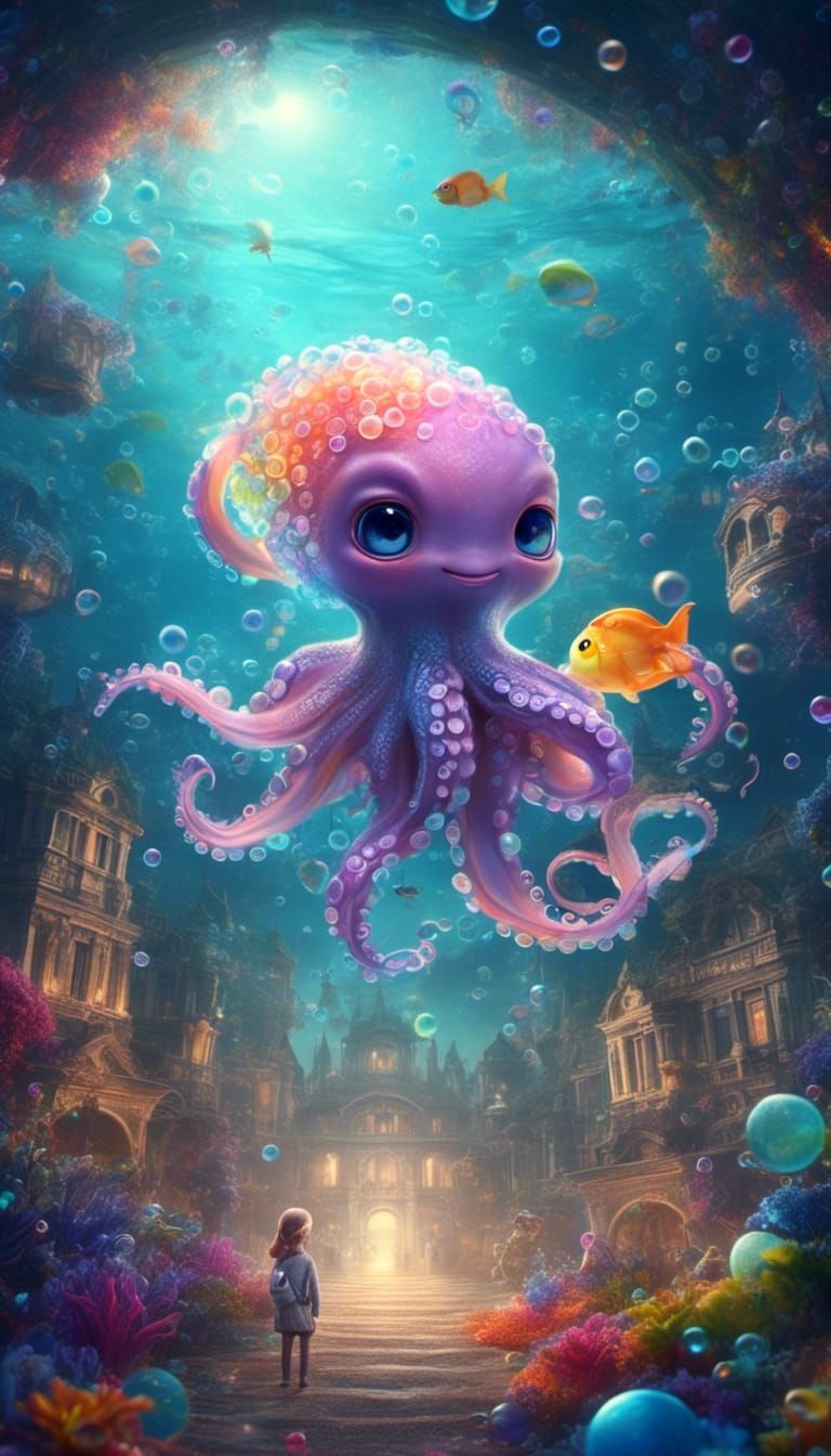 Chibi Rainbow Octopus in Galaxy Ocean Photo