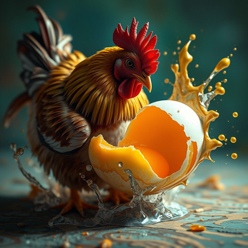 Hyperrealistic Hen Talking to Egg: Splash Art