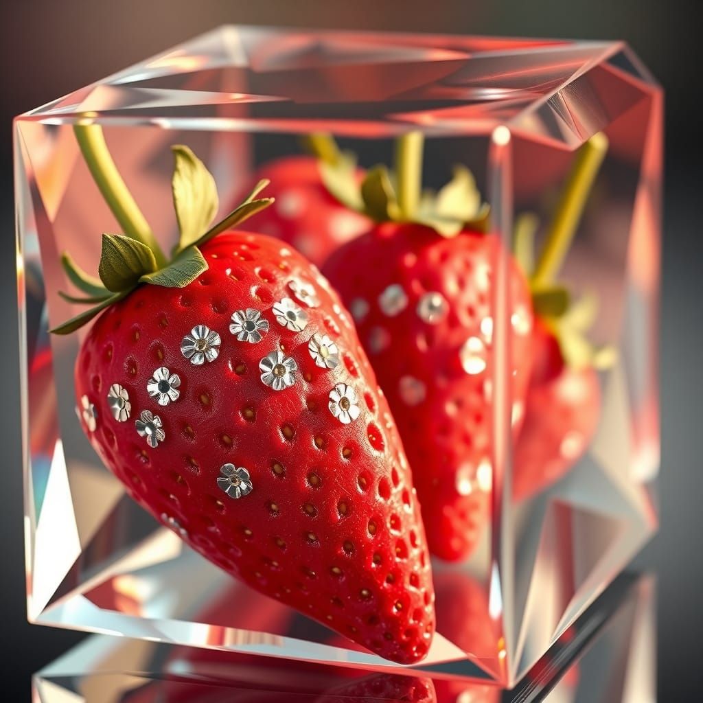 Surreal Strawberries Shine Within Crystal Cube