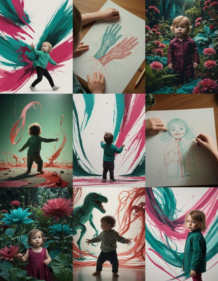 a child's drawing on a piece of paper, red and green color s...