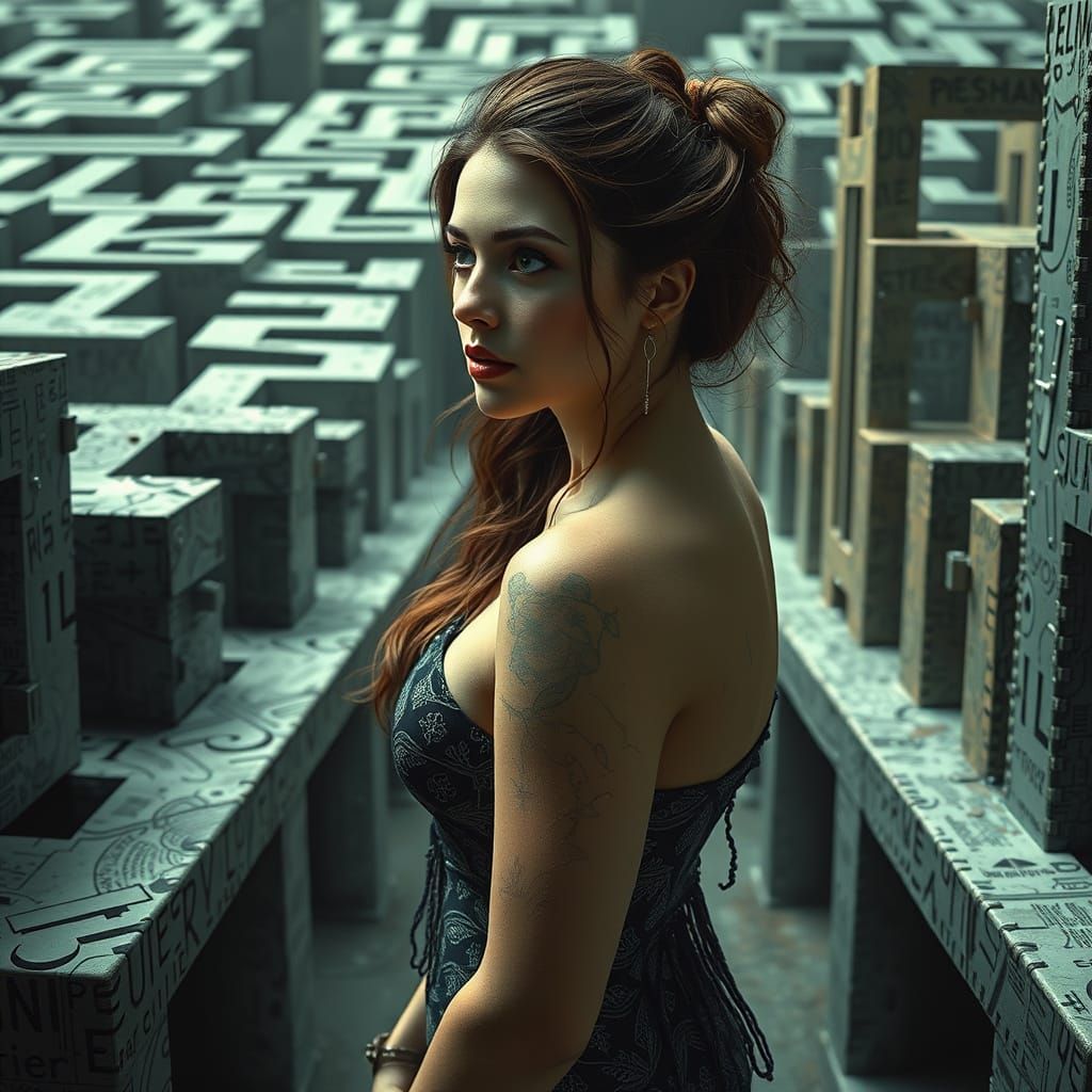 Hyperrealistic Woman in an Intricate Maze