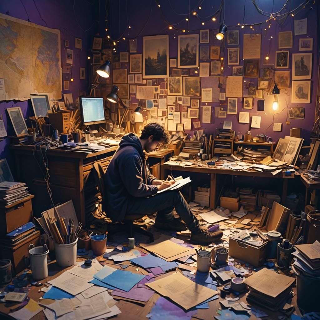 Tired Artist in Dimly Lit Fantasy Studio