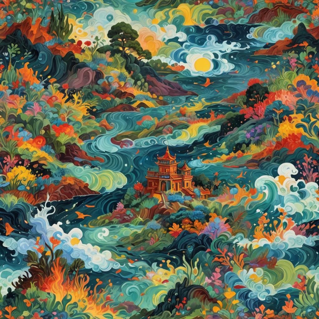 Vibrant Surrealist Color Art in Gouache Style