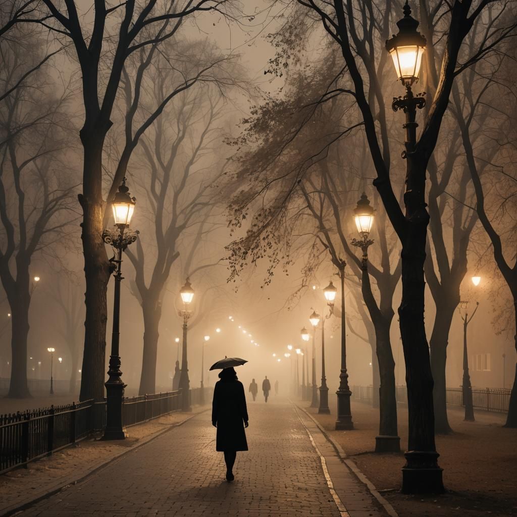 Girl Walks Mystical Moscow Park Alley at Night