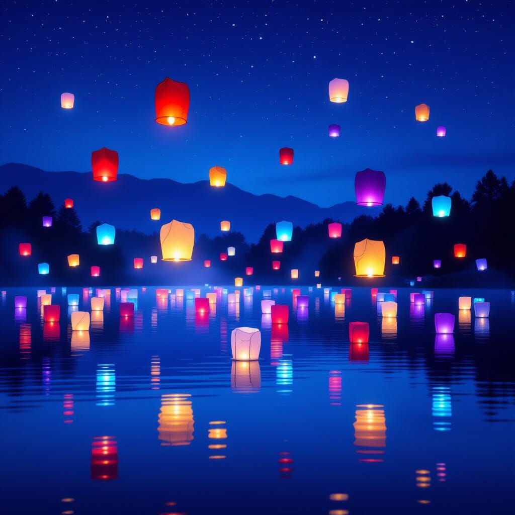 Floating Lanterns Glow on Misty Lake at Night