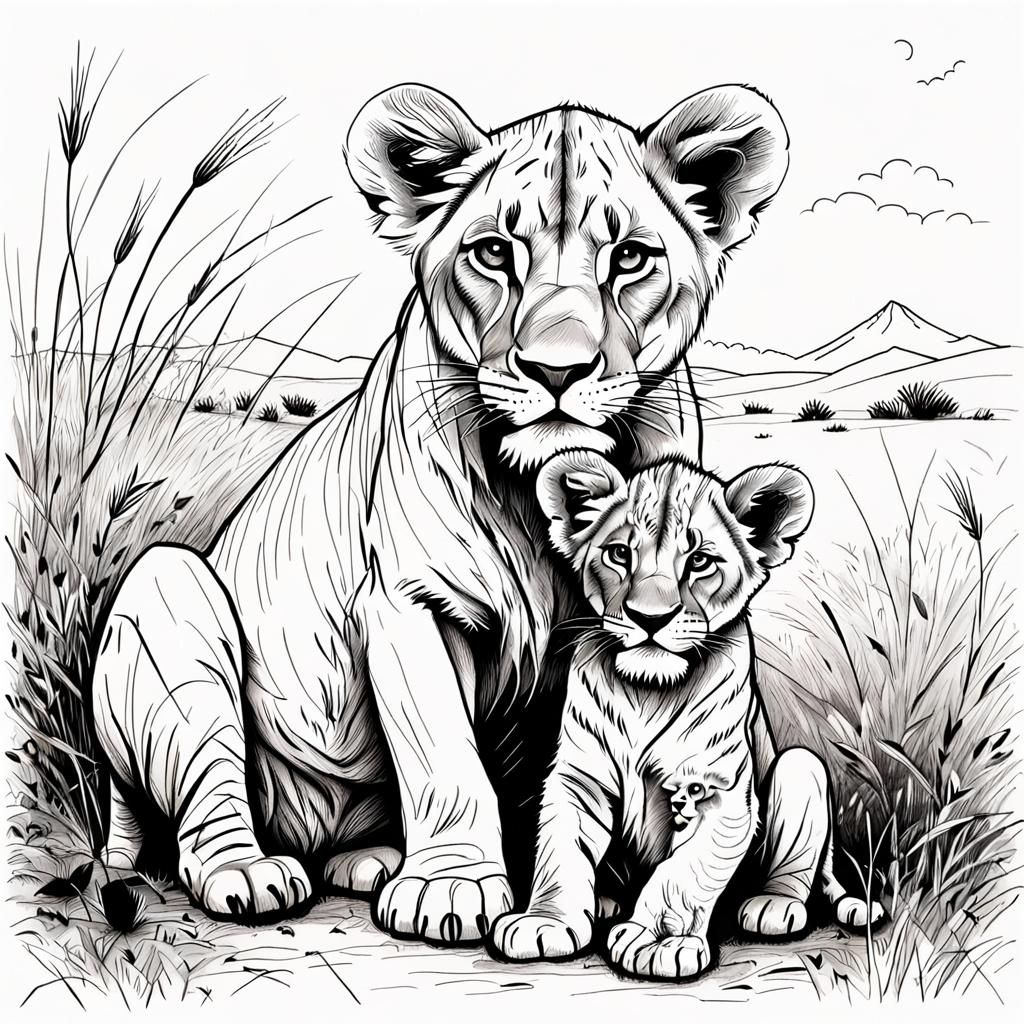 Ink Drawing of a Lion Cub and Mother in a Whimsical Savannah...