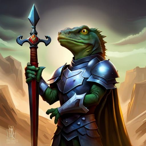 Lizard Knight Portrait in Castle, Digital Art