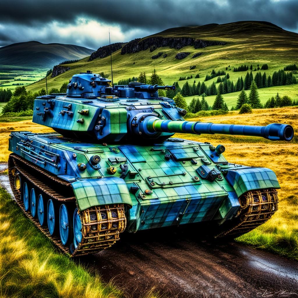 Tartan Tank Patrolling Scottish Highlands: Hyperrealistic HD...
