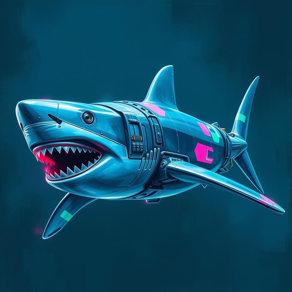 Mechanical Great White Shark in 80s Futuristic Style