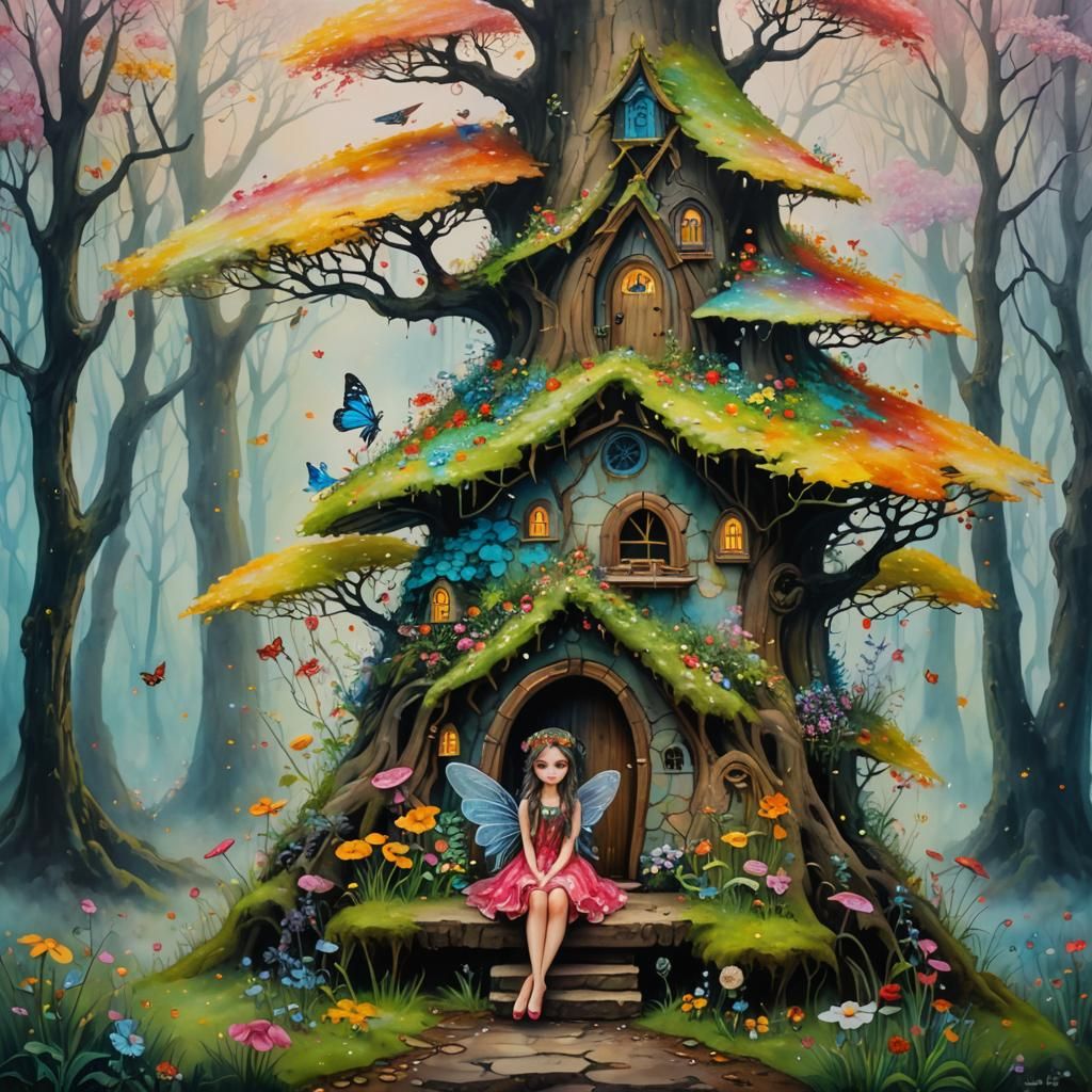 Fairy in a Colourful Spring Forest, Alcohol Ink Style