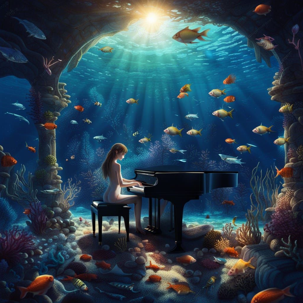 Anime Woman Plays Piano Undersea in Dark Fantasy