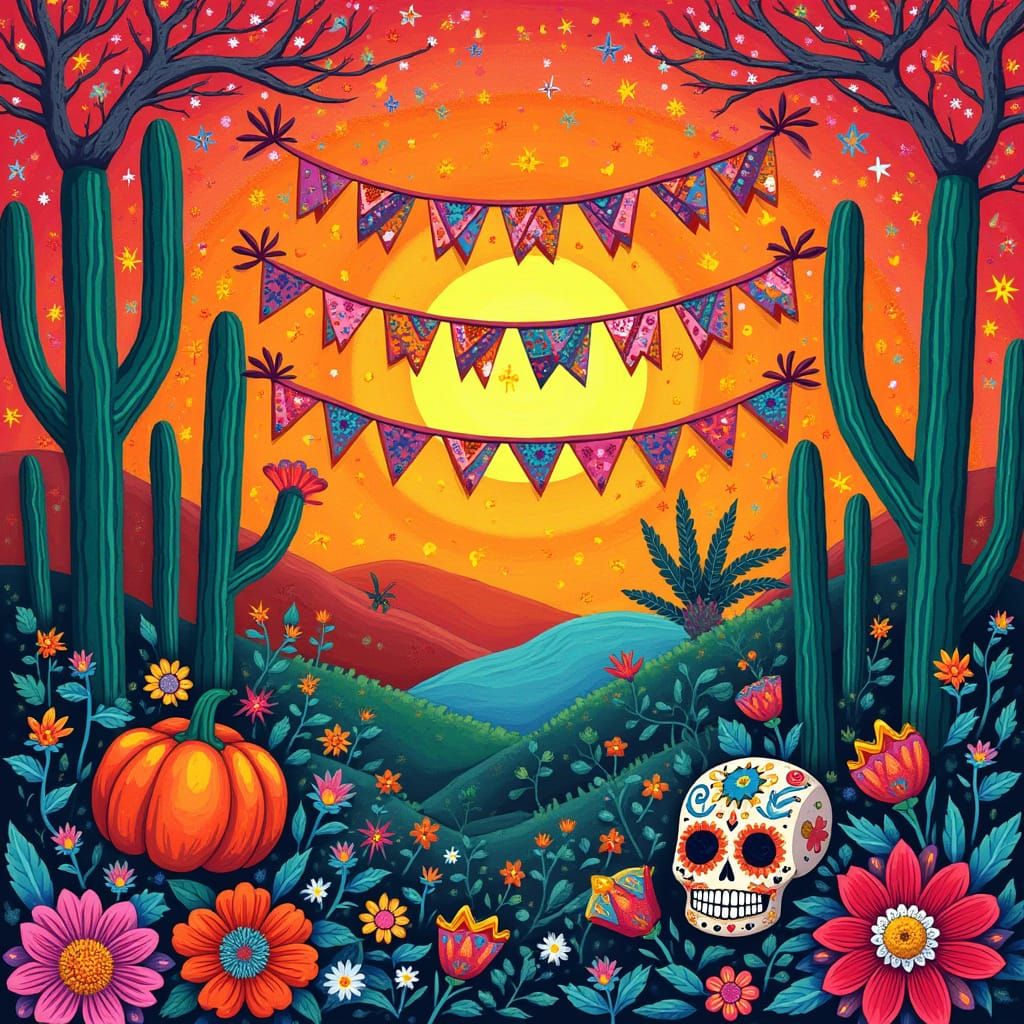Vibrant Folk Art Scene with Papel Picado Banners