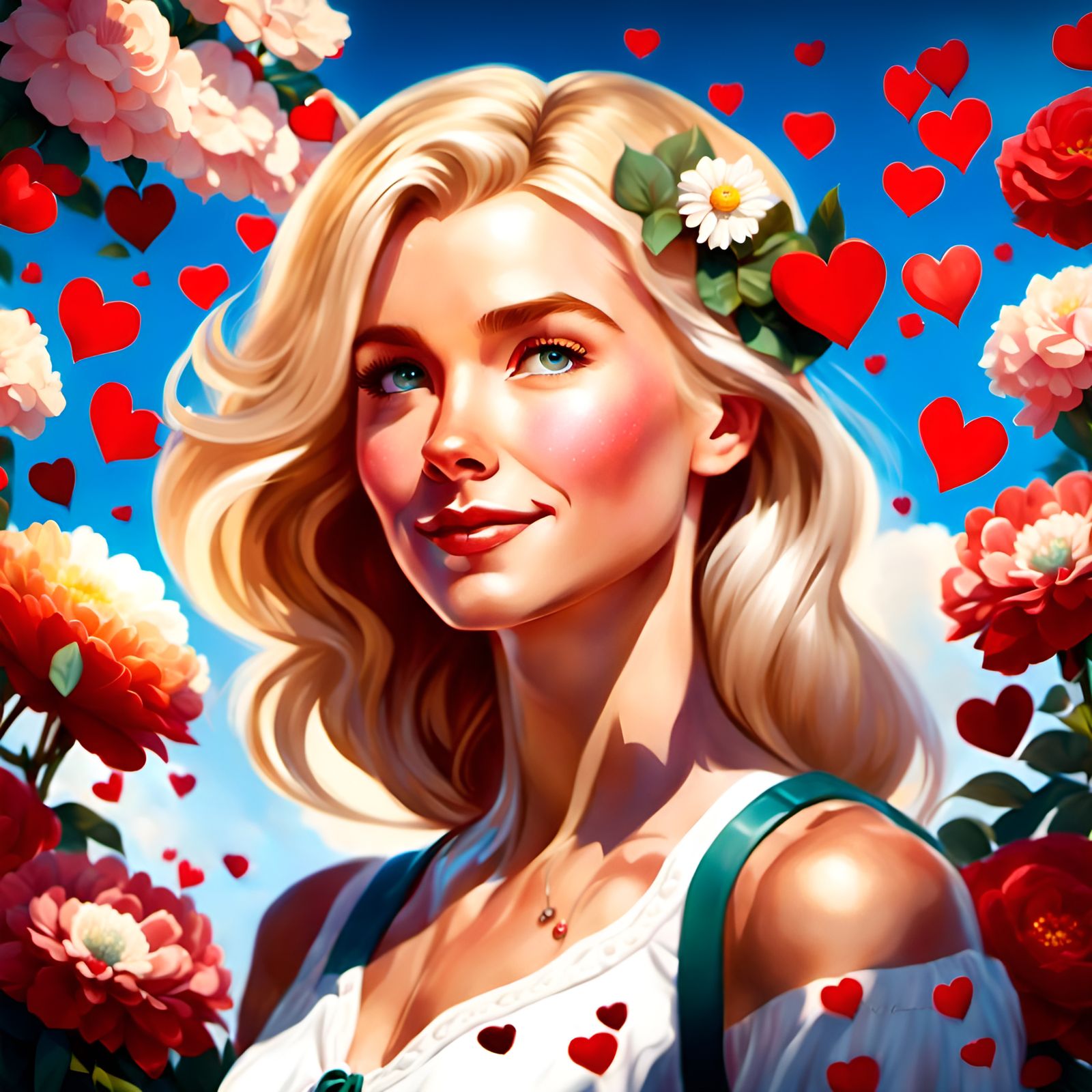 Gorgeous Blonde Woman Surrounded by Hearts and Flowers