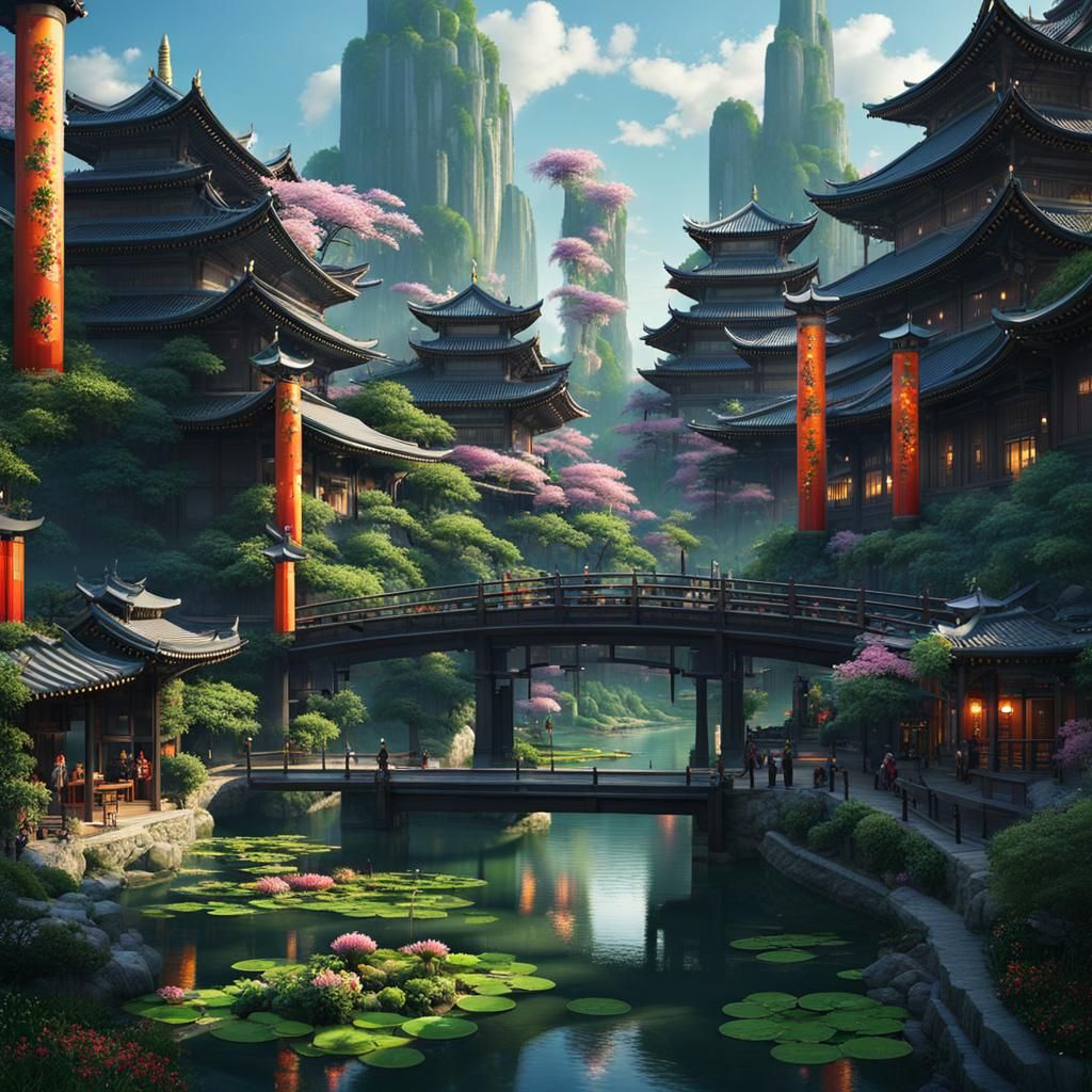 Futuristic Oriental City with Sakura and Waterways