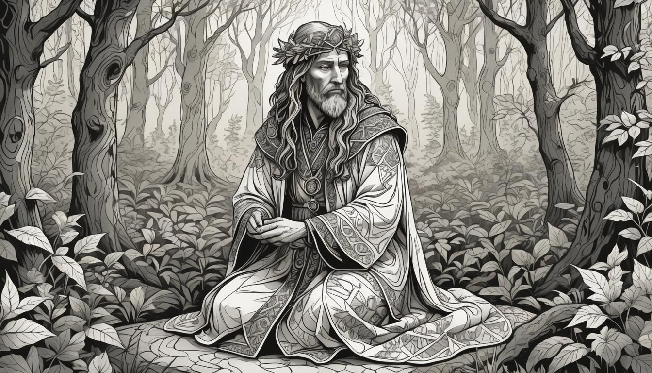 Druid in Forest: Detailed Coloring Page Illustration
