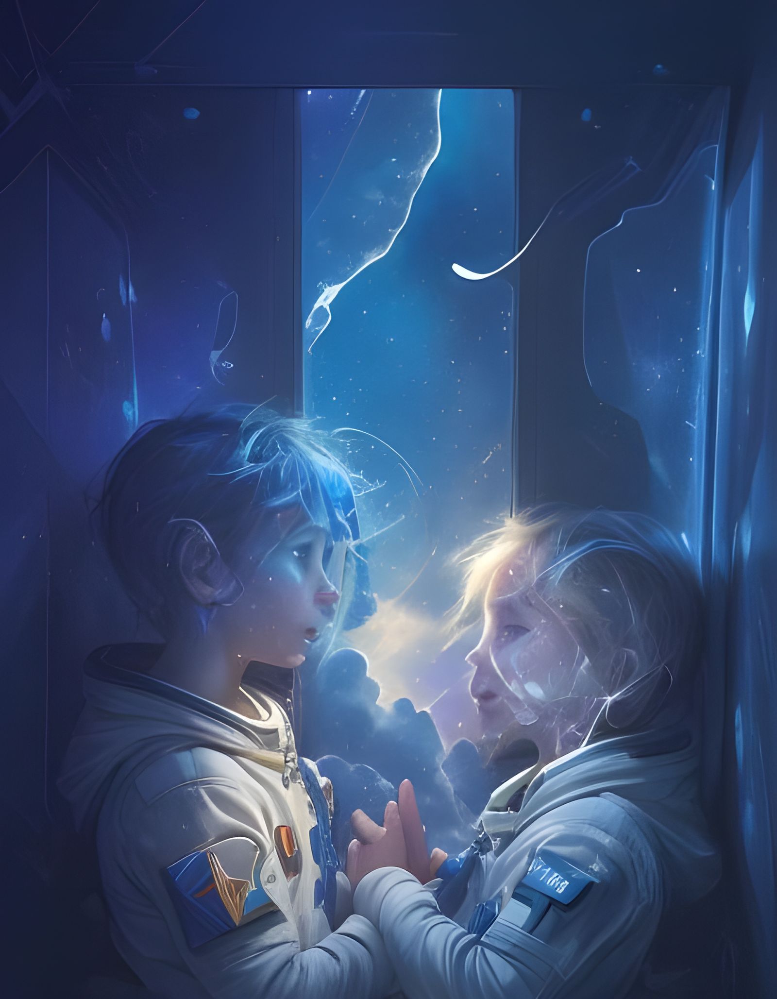 Skykids at the Window into Space: Hyperrealistic Splash Art
