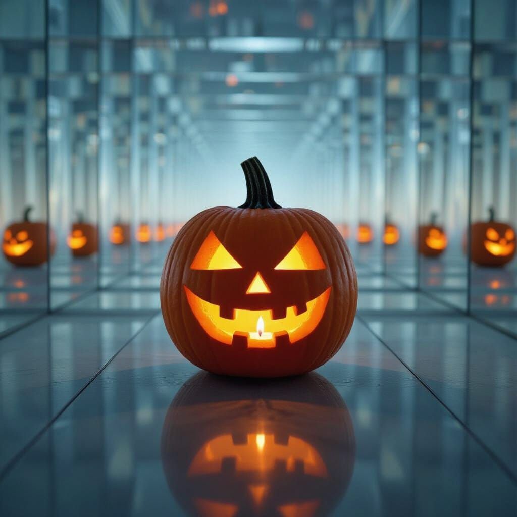 A pumpkin, carved with a menacing smile and a lit candle wit...