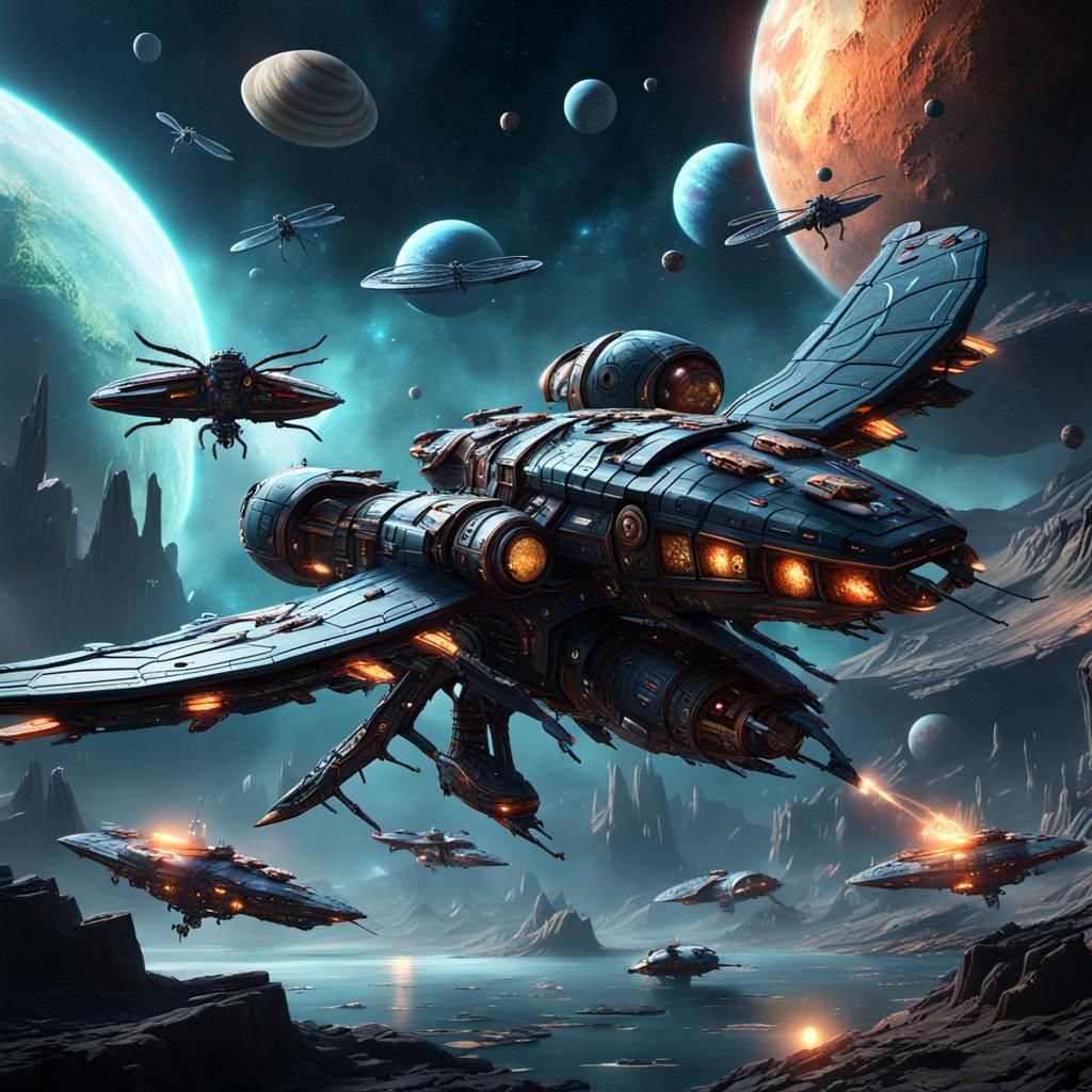 Dragonfly Spaceship Battles Among Alien Planets