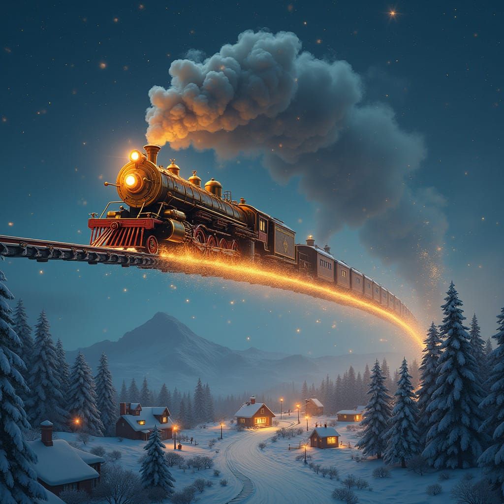 Vintage Steam Locomotive Soars Under Starry Night Sky, Radia...
