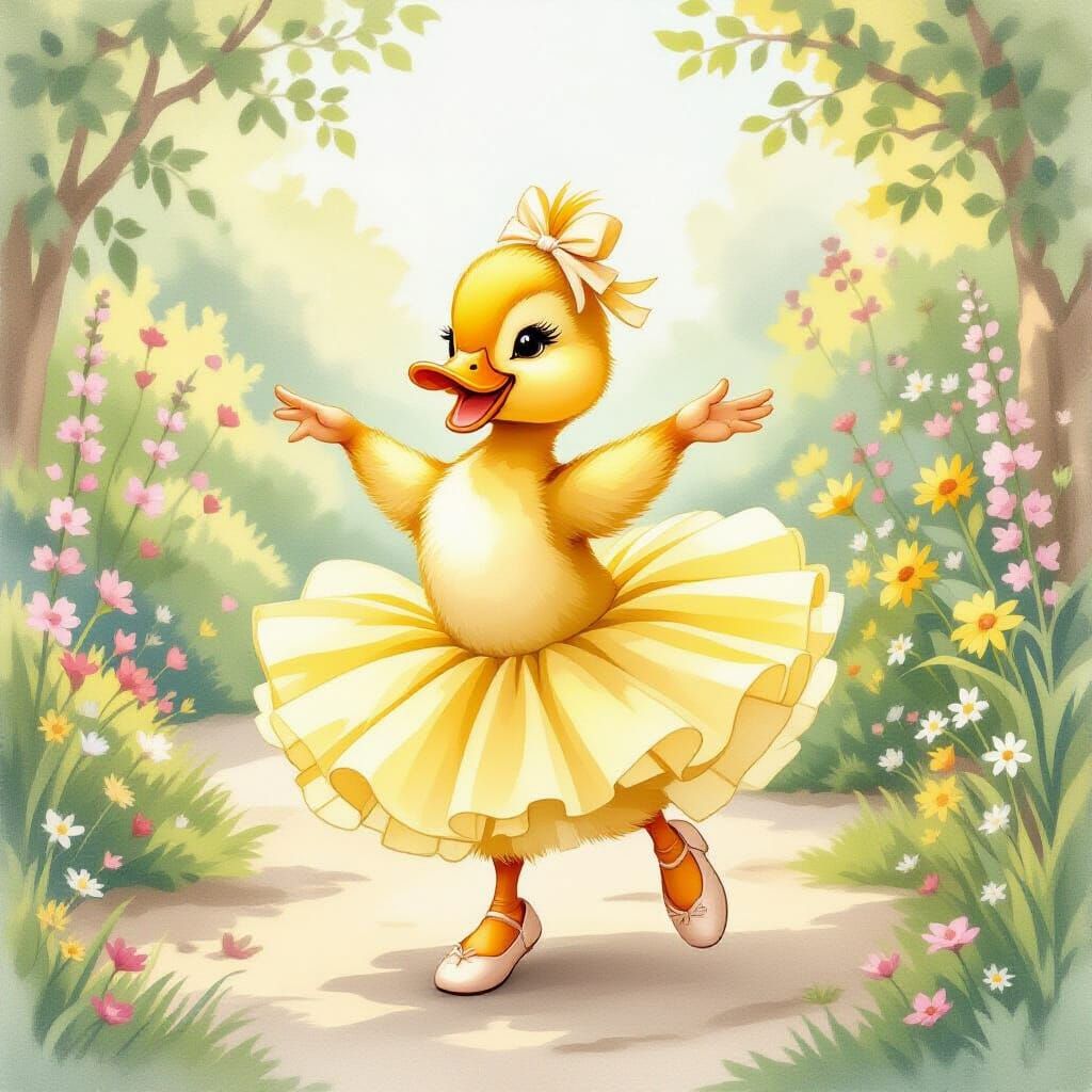 Duckling Ballerina in Whimsical Garden, Watercolor Style