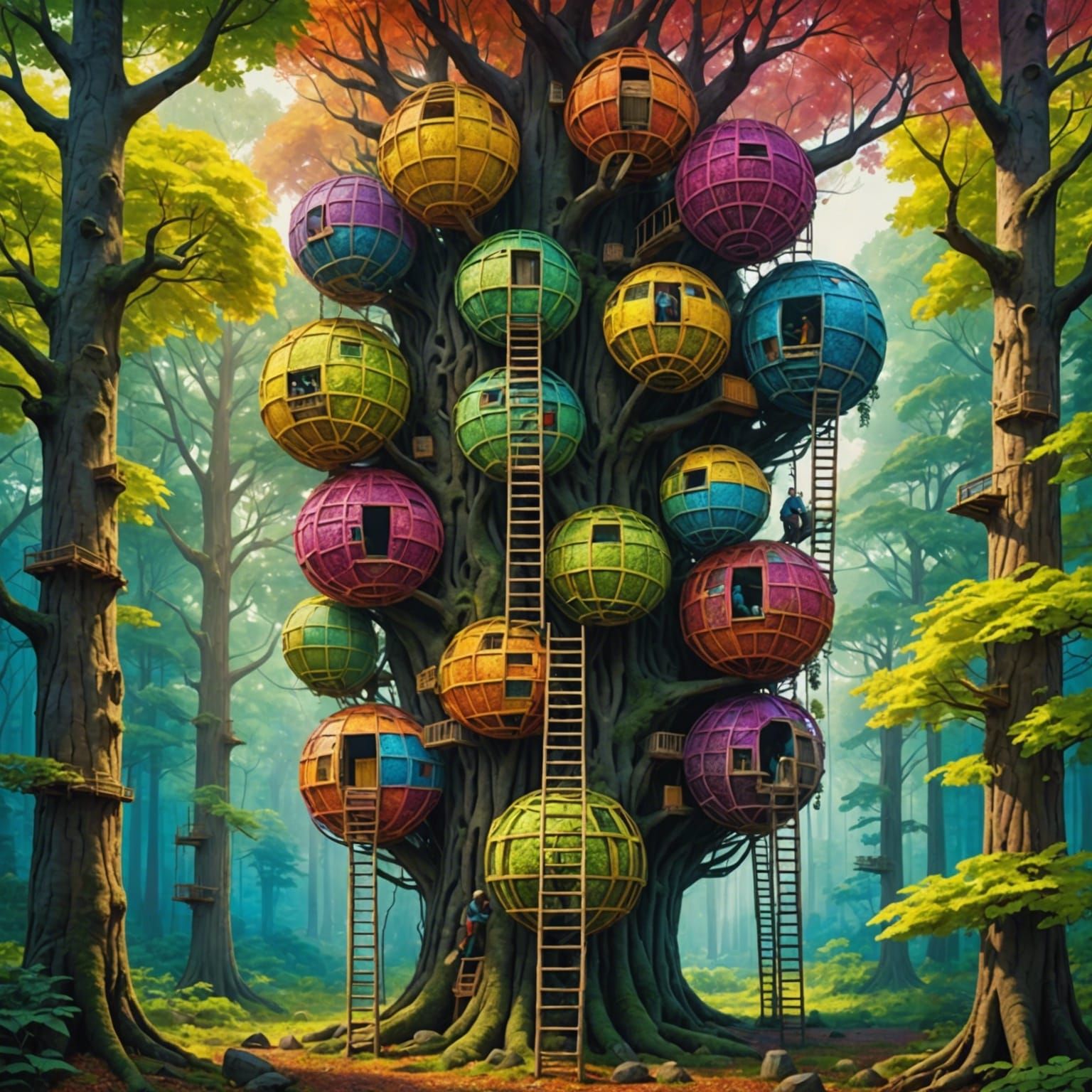 Spheric human nests treehouse