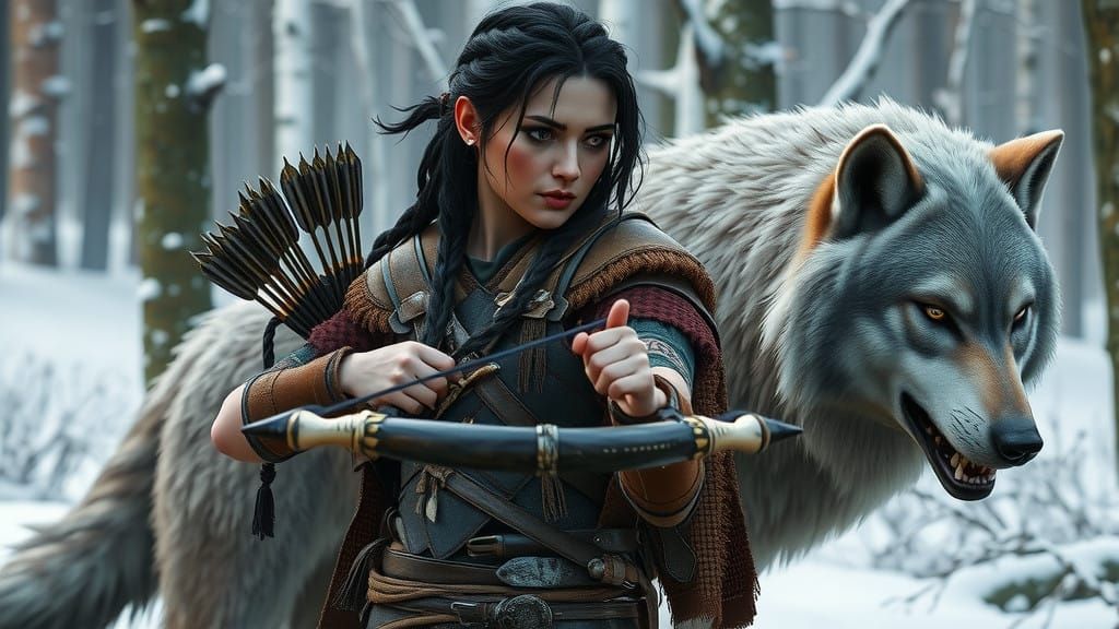 Determined Huntress Stands Beside Her Fierce Wolf Companion...