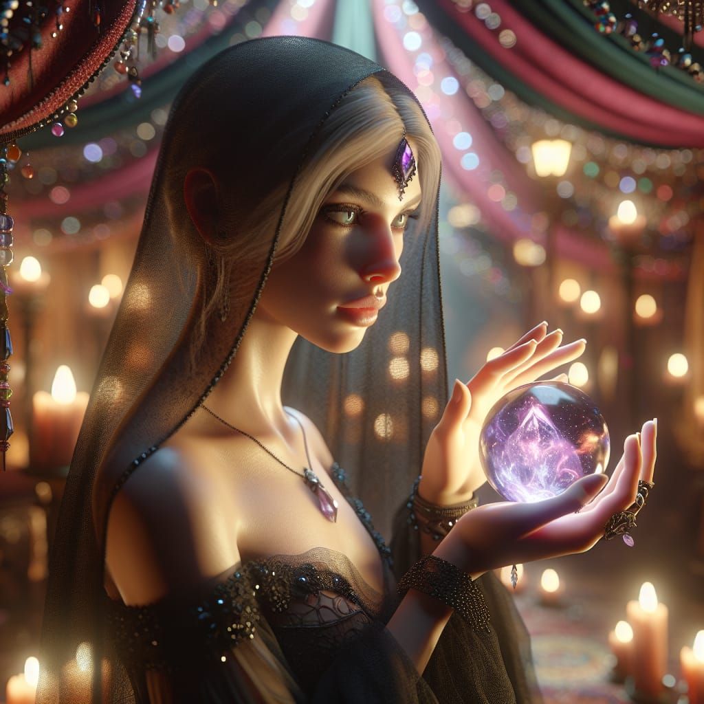 Sorceress Gazing into Crystal Ball in 3D