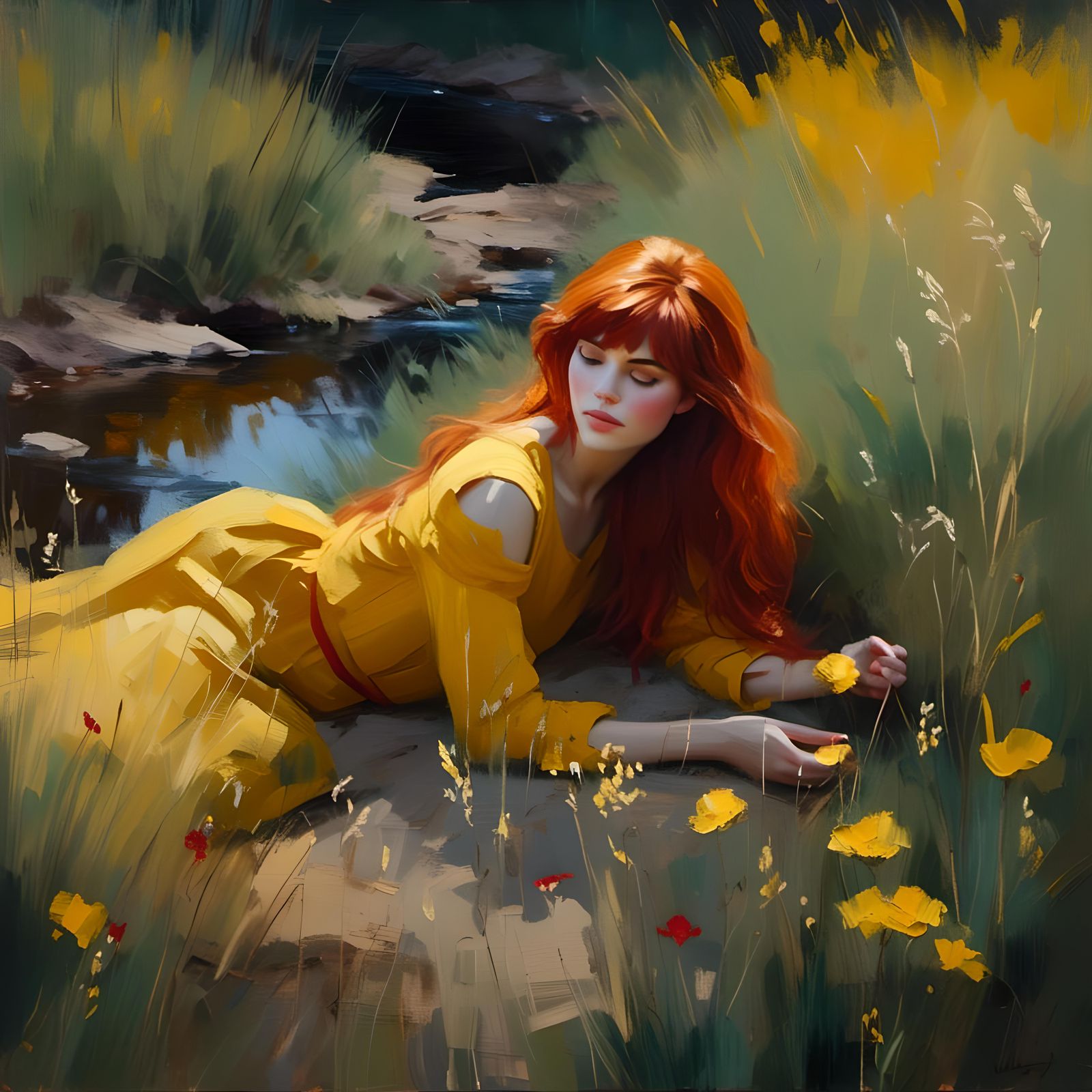 Woman in Yellow Dress: Pre-Raphaelite Oil Painting