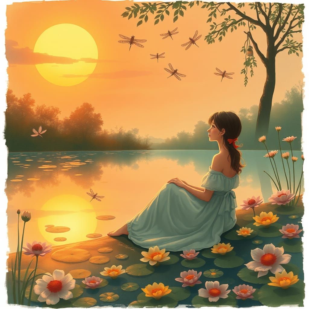 Sunset by the pond, the light reflecting on its surface. Water flowers grow on the shore. Dragonflies fly above the pond...