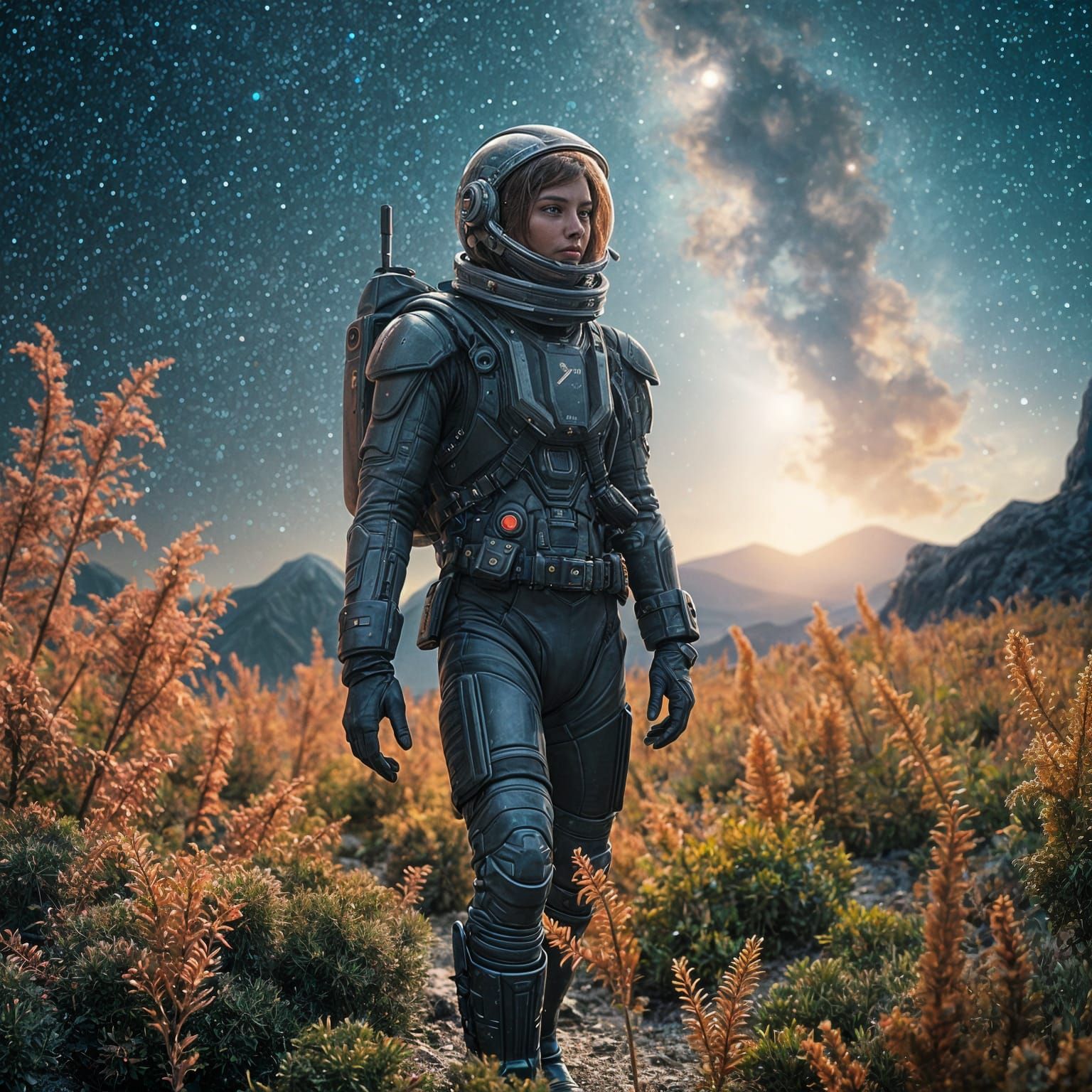 Future Space Explorer Amidst Starry Alien Landscape