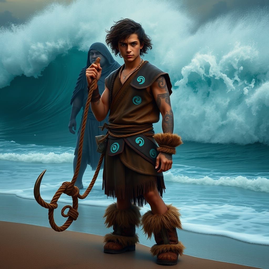 Maori Demigod Maui Stands Tall Amidst Turbulent Sea in Earth...