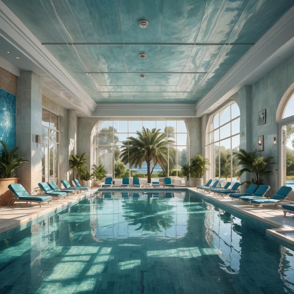 Indoor Pool with Lush Green View, Syd Mead Style