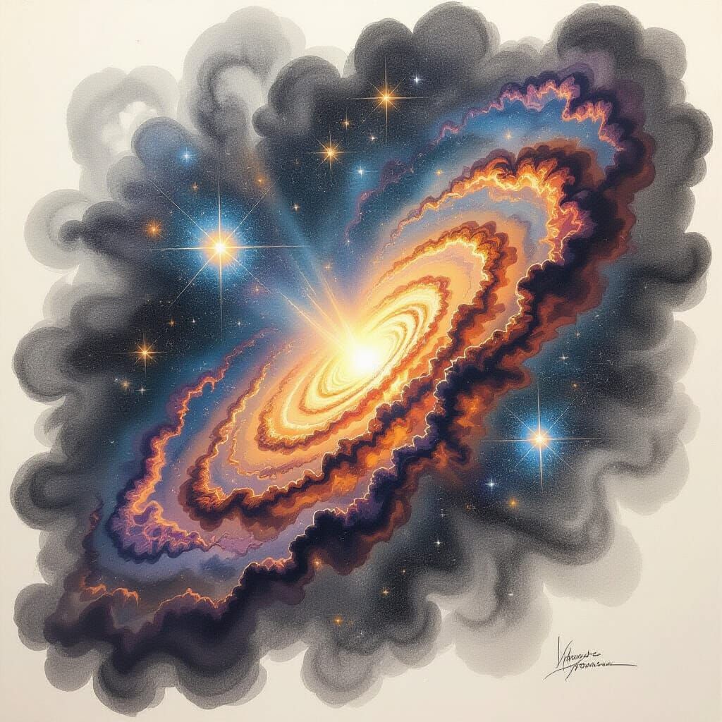 Cosmic Library Scholar in Nebula, Charcoal Drawing