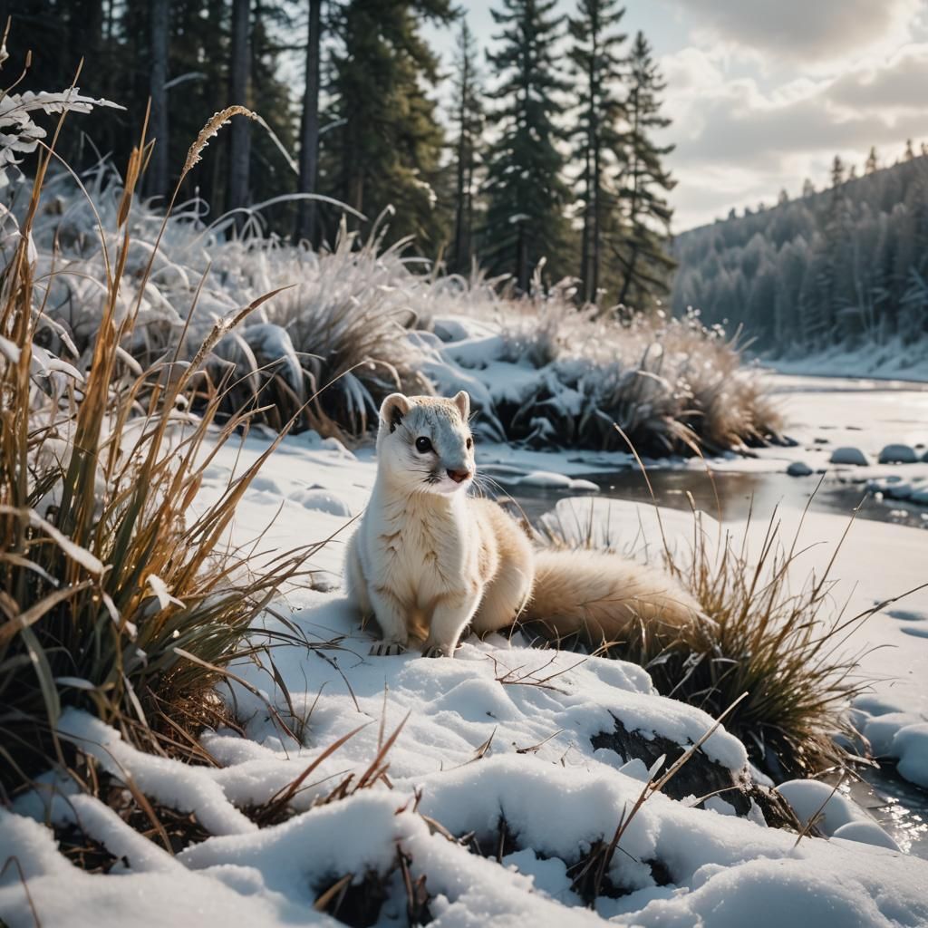 Ermine on Icy Riverbank in Cinematic Style