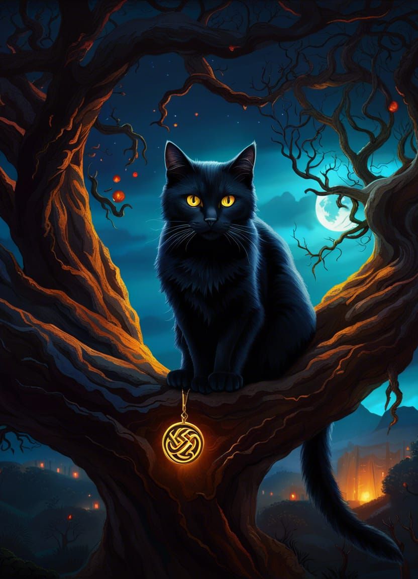 Black Cat Holding Glowing Celtic Symbol
