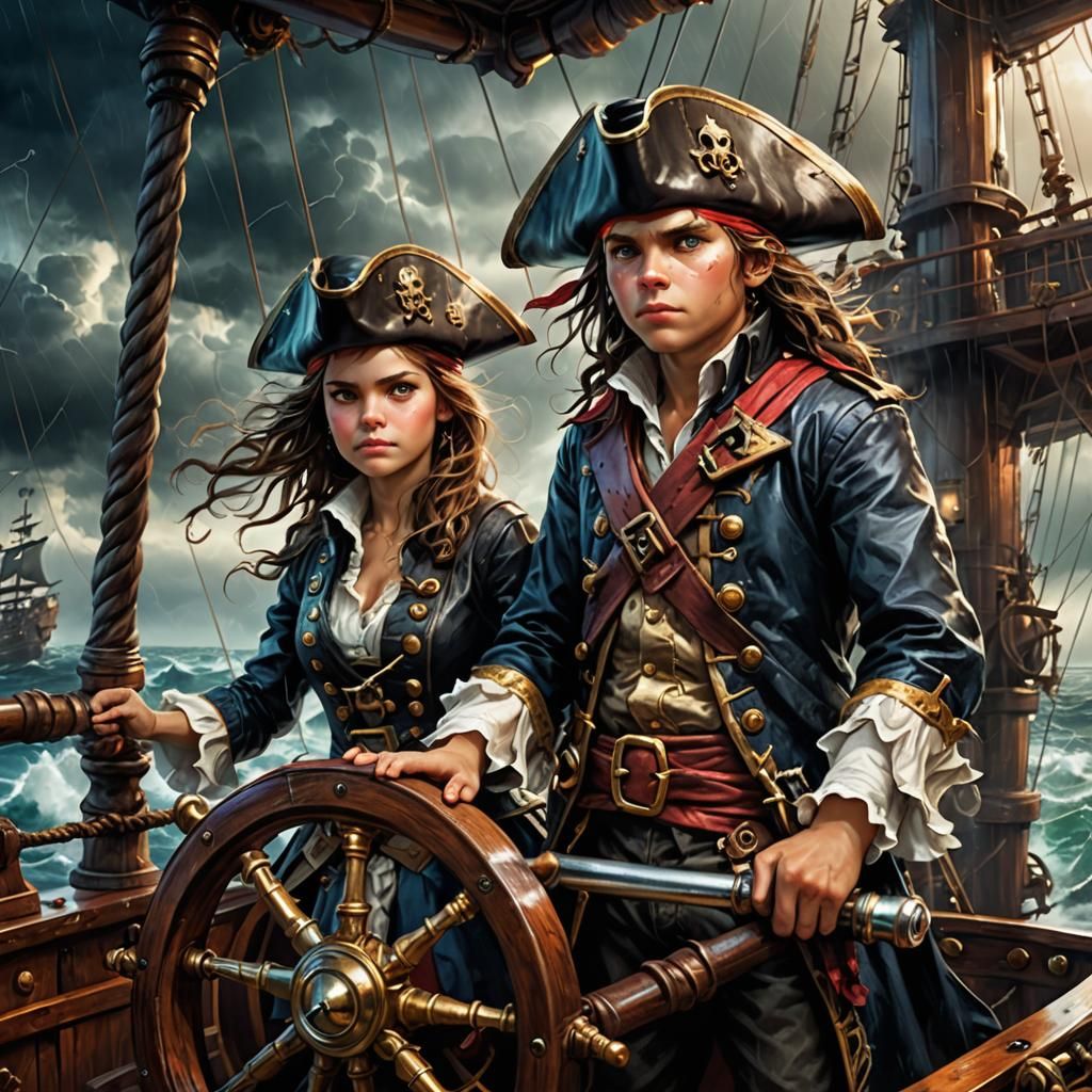 Adorable Pirate Siblings Captaining Ship in Storm