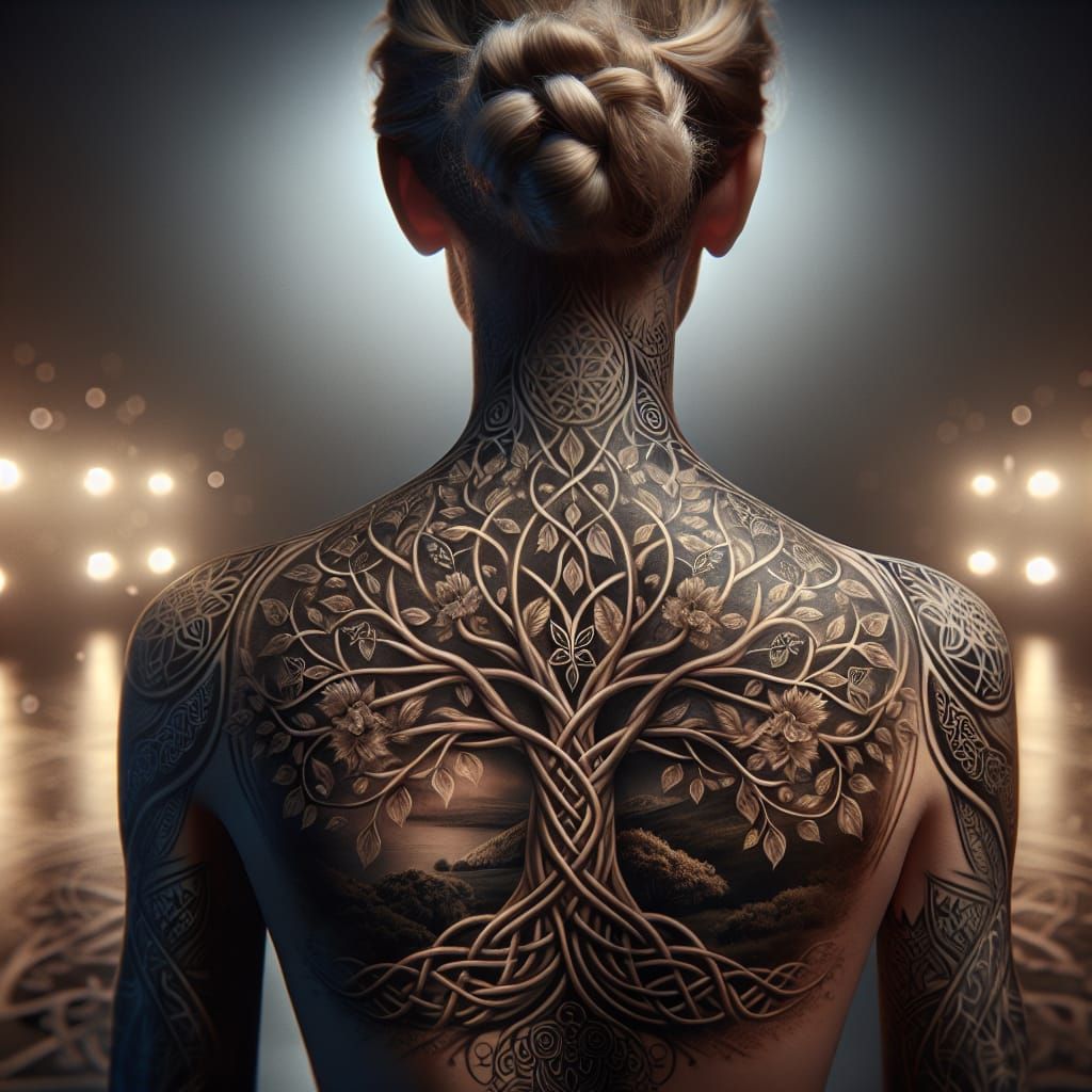 Detailed Celtic Tree of Life Tattoo on Woman's Back