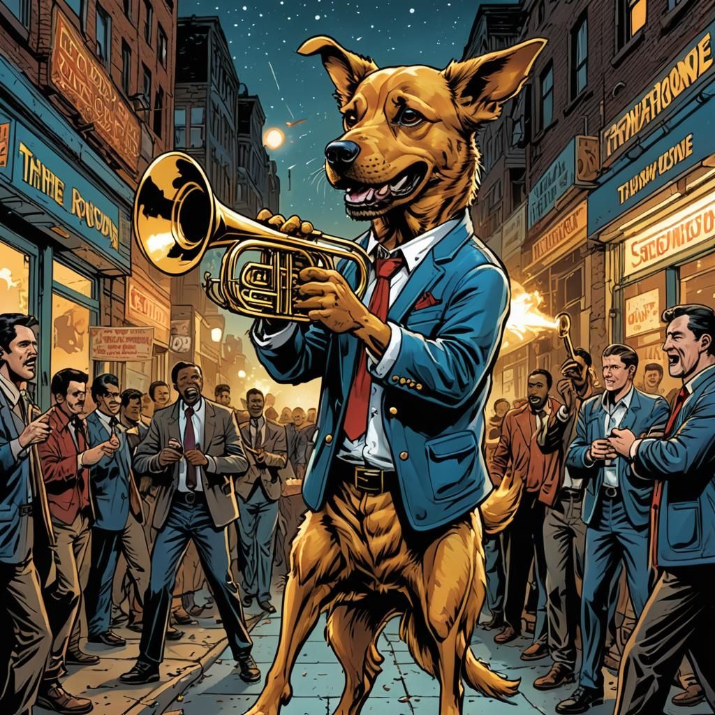Dog Playing Trombone in Comic Book Style