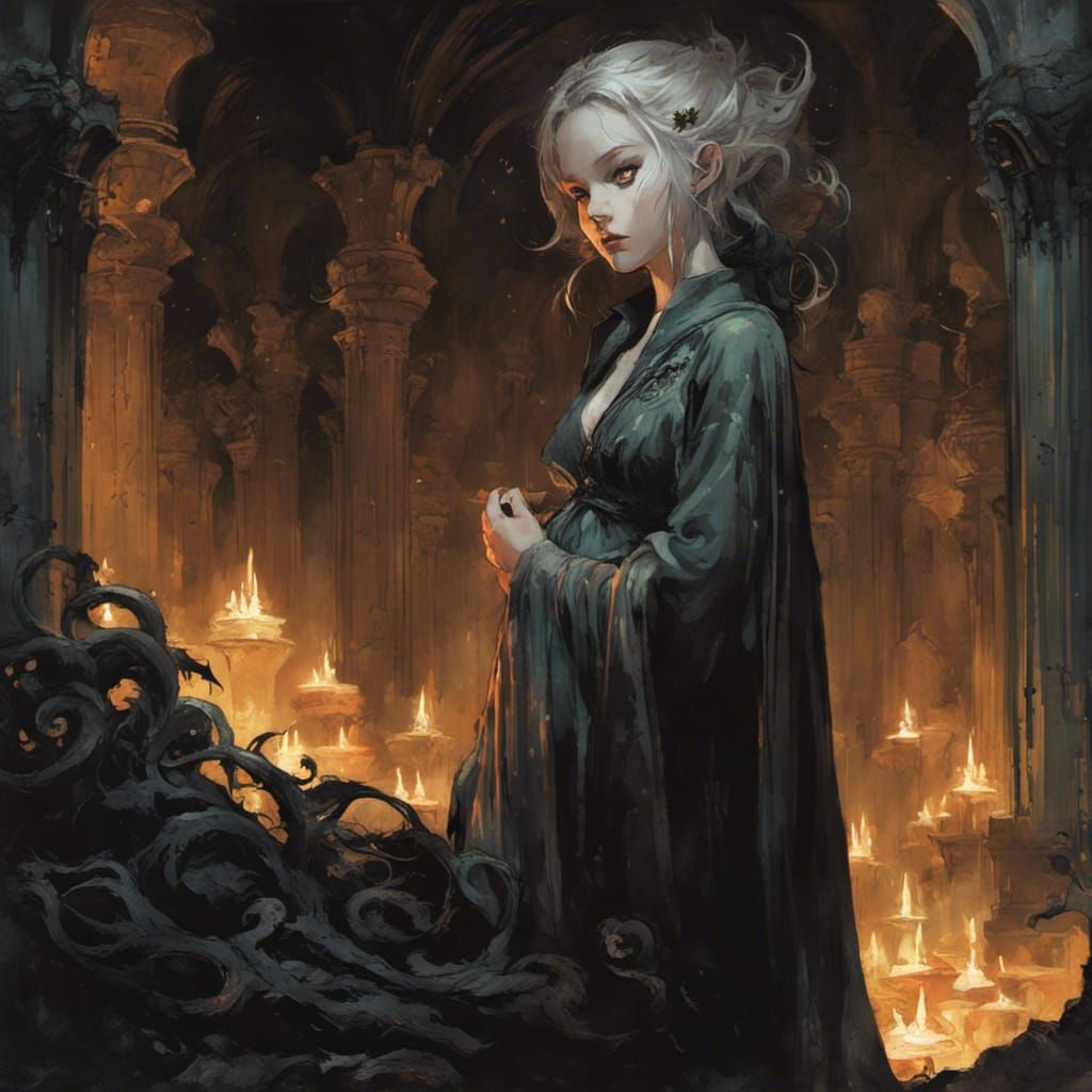 Ethereal Crypt Scene with Pregnant Girl in Lovecraftian Styl...