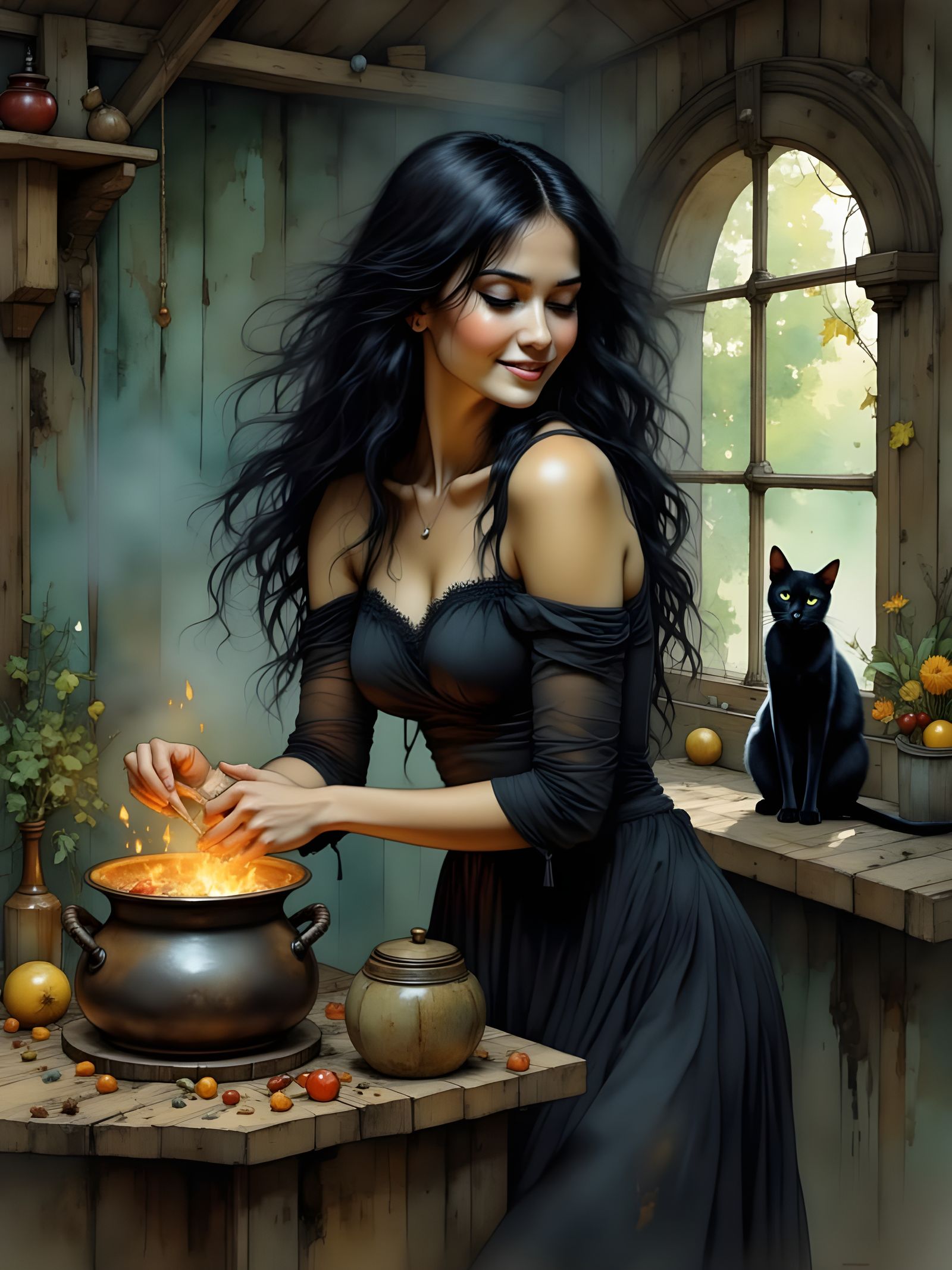 Enchanting Witch Brews Elixir in Painterly Style